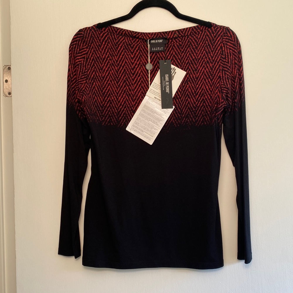 New Isabel De Pedro Red-Black Ombré Houndstooth Long Sleeve Tee, Made in Spain